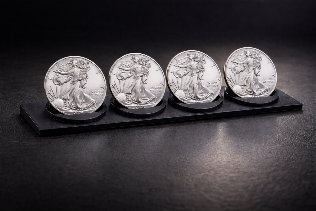 Dealer Grade 1 oz Silver Eagle Coin Display Stand – 4, 8 or 12 Slot Angled Base